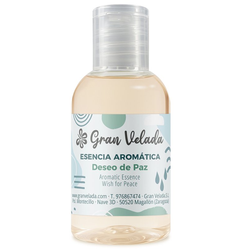 Frasco de esencia aromática Deseo de Paz con tapón transparente sobre fondo blanco