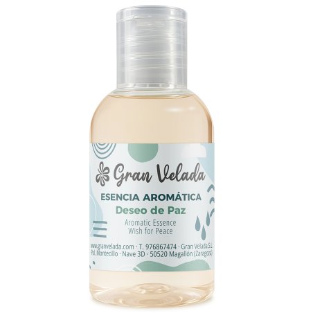 Frasco de esencia aromática Deseo de Paz con tapón transparente sobre fondo blanco