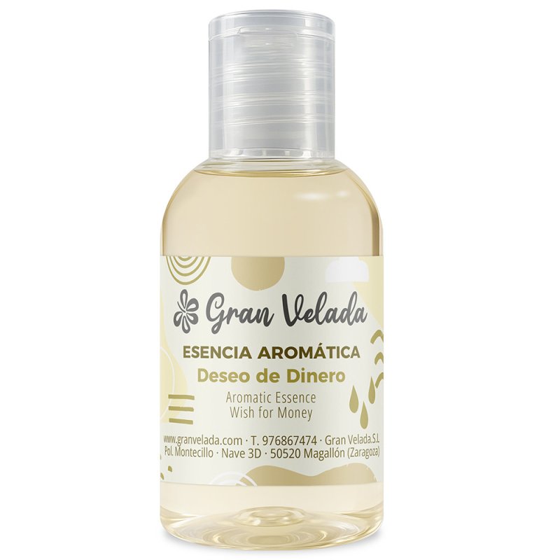 Frasco de essência aromática Deseo de Dinero com tampa transparente sobre fundo branco