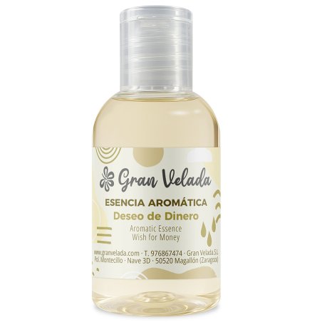 Flacon d’essence aromatique Deseo de Dinero avec bouchon transparent sur fond blanc