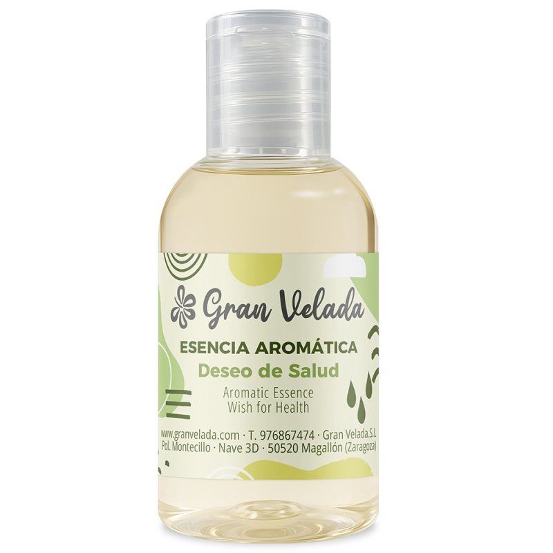 Flacon d’essence aromatique Deseo de Salud avec bouchon transparent sur fond blanc