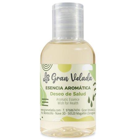 Frasco de essência aromática Deseo de Salud com tampa transparente sobre fundo branco