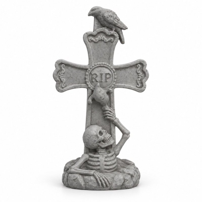 Croix RIP avec squelette et corbeau en gris sur fond blanc