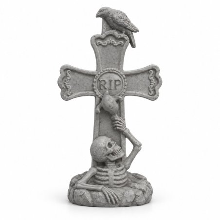 Cruz RIP con esqueleto y cuervo en gris sobre fondo blanco