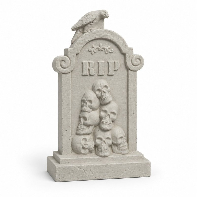 Lápida RIP con calaveras y cuervo en gris sobre fondo blanco