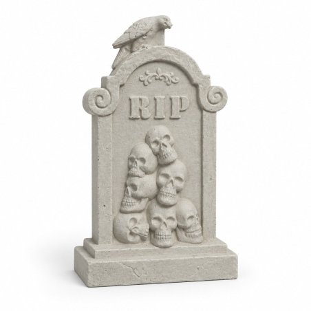 Pierre tombale RIP avec crânes et corbeau en gris sur fond blanc