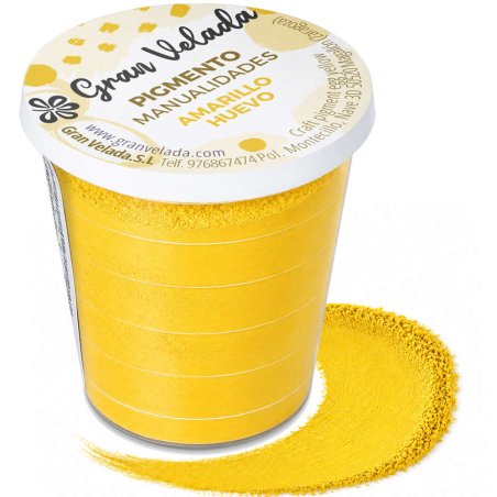 Pigmento amarillo huevo: envase y muestra de polvo sobre fondo blanco