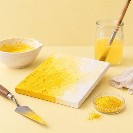 Pigmento amarelo ovo: pintura com textura, espátula e taça de pigmento