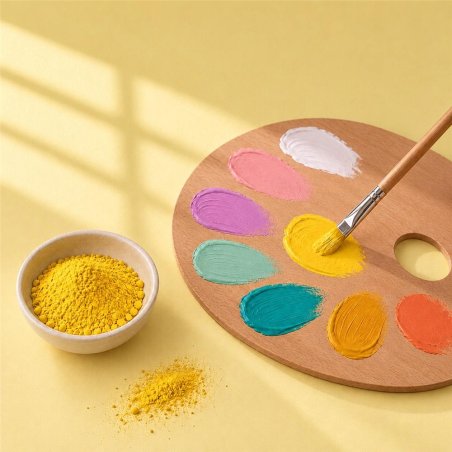 Pigmento amarillo huevo: cuenco de polvo junto a paleta de pintura y pincel