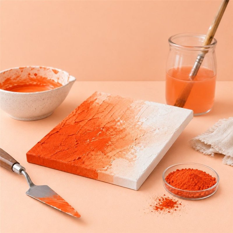 Pigmento laranja abobora: pintura com textura, espátula e taça de pigmento