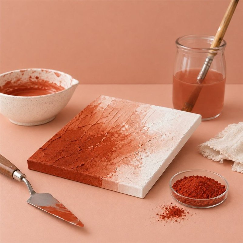 Pigmento laranja telha: pintura com textura, espátula e taça de pigmento