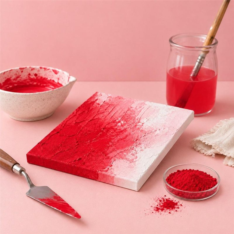 Pigmento rojo vivo: pintura con textura, espátula y cuenco de pigmento