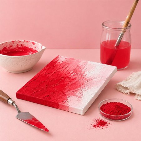 Pigment rouge vif: peinture texturée, spatule et bol de pigment