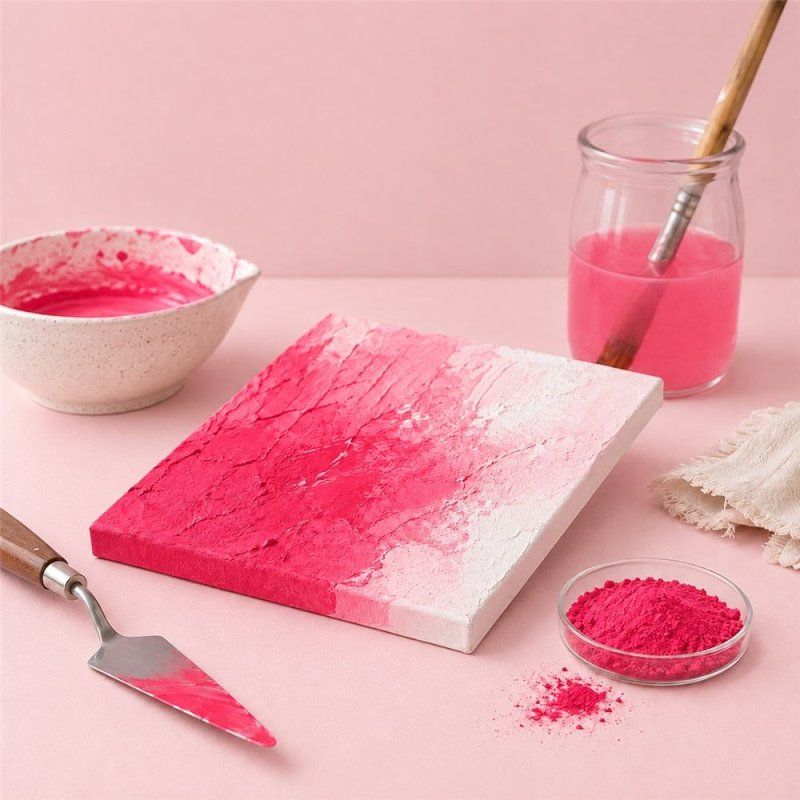 Pigmento rojo carmin: pintura con textura, espátula y cuenco de pigmento