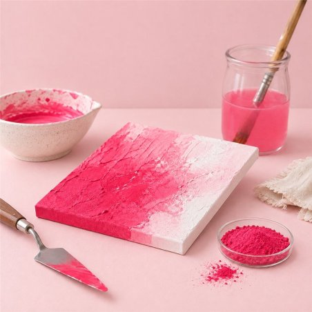 Pigmento rojo carmin: pintura con textura, espátula y cuenco de pigmento