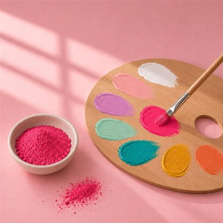 Pigmento rojo carmin: cuenco de polvo junto a paleta de pintura y pincel