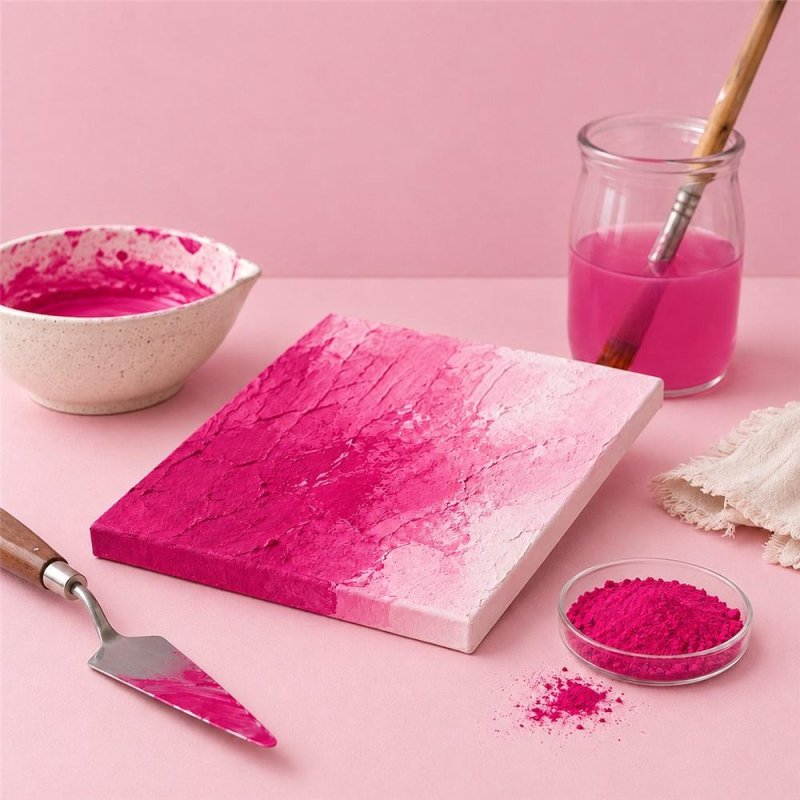 Pigmento rojo rosado: pintura con textura, espátula y cuenco de pigmento
