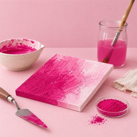 Pigmento rojo rosado: pintura con textura, espátula y cuenco de pigmento