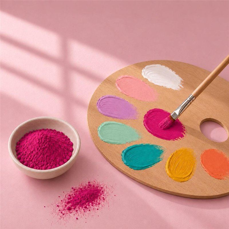 Pigmento rojo rosado: cuenco de polvo junto a paleta de pintura y pincel
