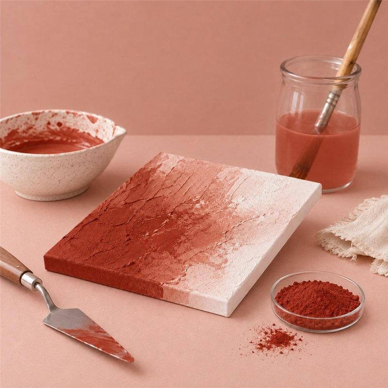 Pigmento rojo teja: pintura con textura, espátula y cuenco de pigmento