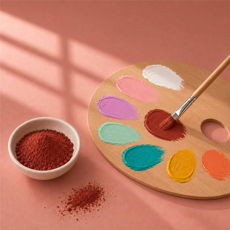 Pigmento rojo teja: cuenco de polvo junto a paleta de pintura y pincel