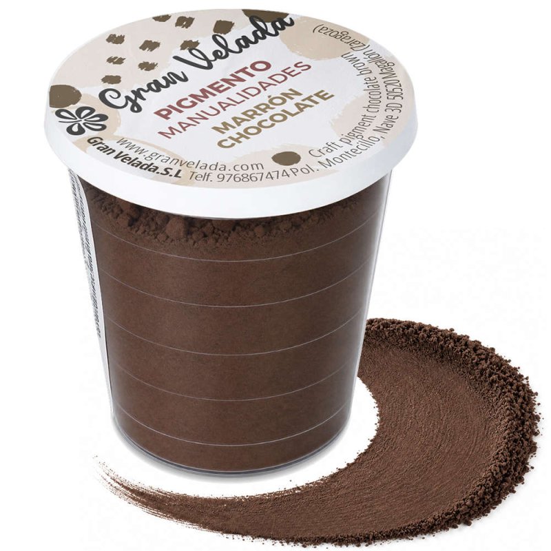 Pigmento marron chocolate: envase y muestra de polvo sobre fondo blanco