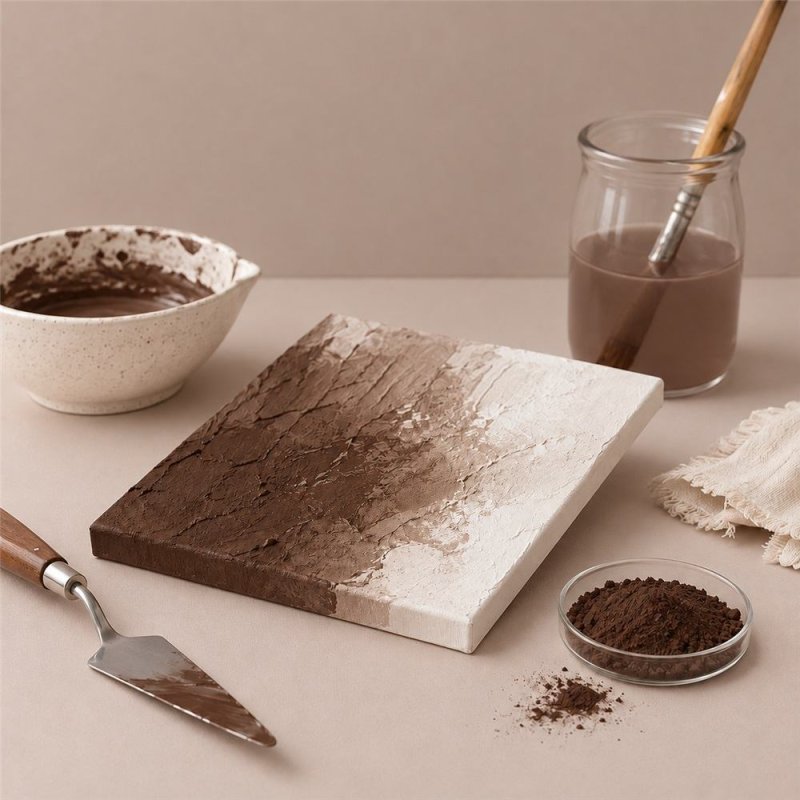 Pigmento marron chocolate: pintura con textura, espátula y cuenco de pigmento