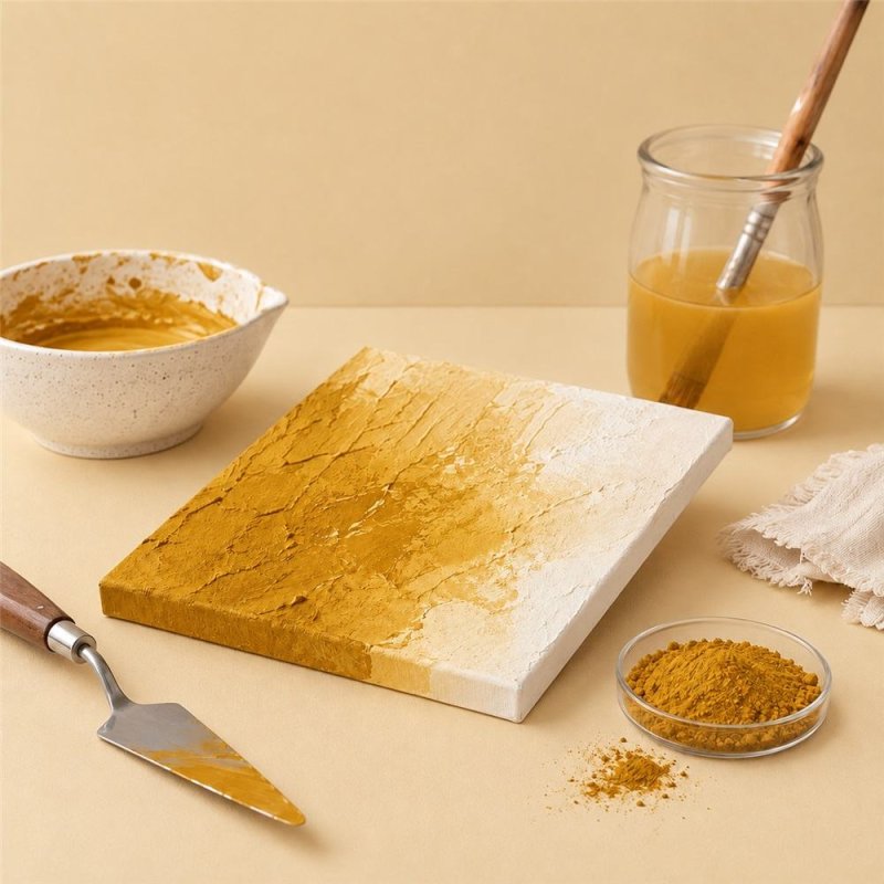 Pigment terre de Sienne: peinture texturée, spatule et bol de pigment