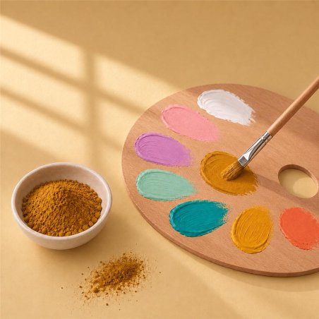 Pigment terre de Sienne: bol de poudre près d’une palette de peinture et d’un pinceau