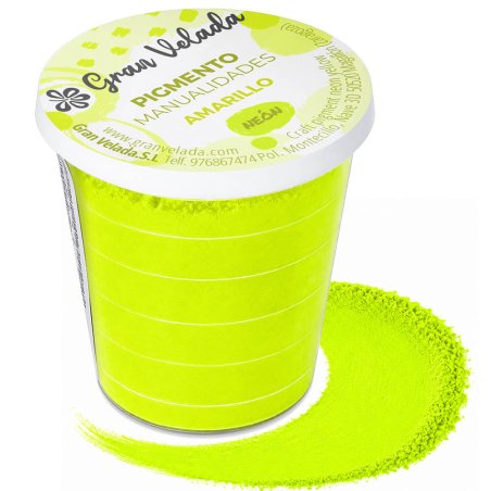 Pigment jaune néon: pot et échantillon de poudre sur fond blanc