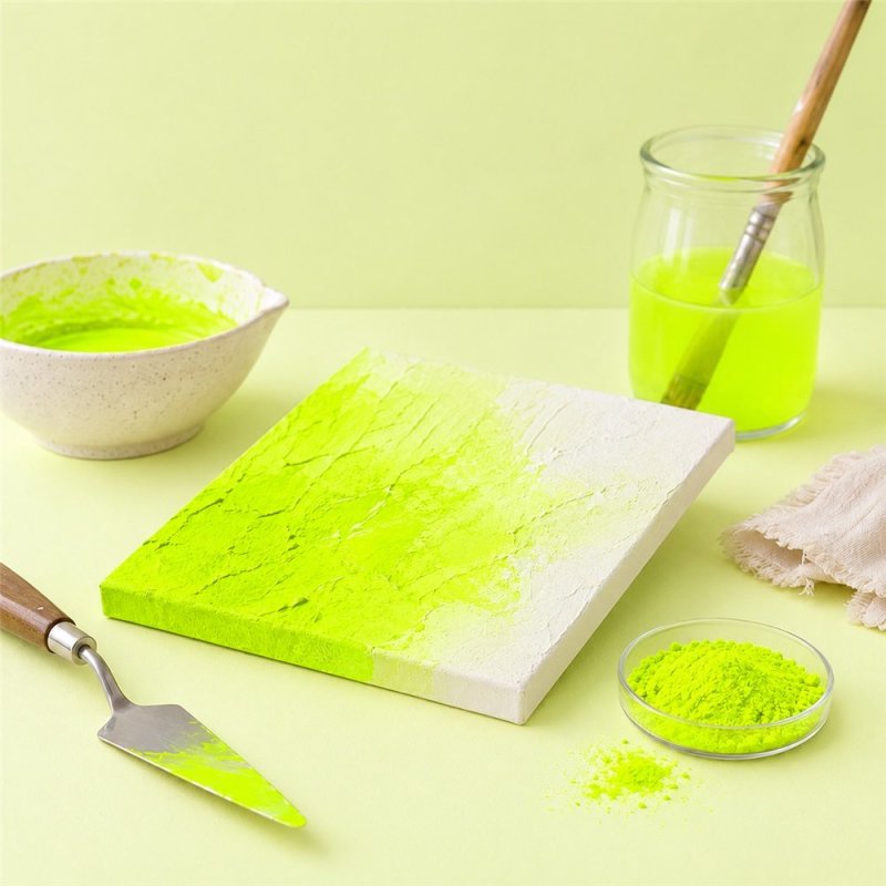 Pigment jaune néon: peinture texturée, spatule et bol de pigment