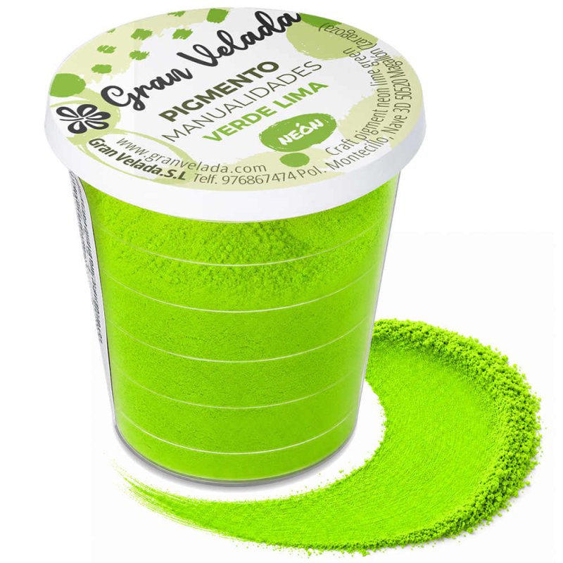 Pigment vert citron néon: pot et échantillon de poudre sur fond blanc