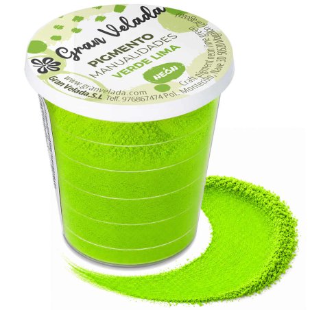 Pigment vert citron néon: pot et échantillon de poudre sur fond blanc