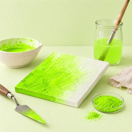 Pigment vert citron néon: peinture texturée, spatule et bol de pigment