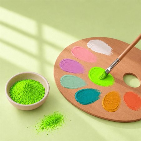 Pigmento verde lima neon: cuenco de polvo junto a paleta de pintura y pincel