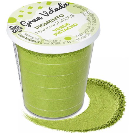 Pigmento verde pistache: embalagem e amostra de pó sobre fundo branco