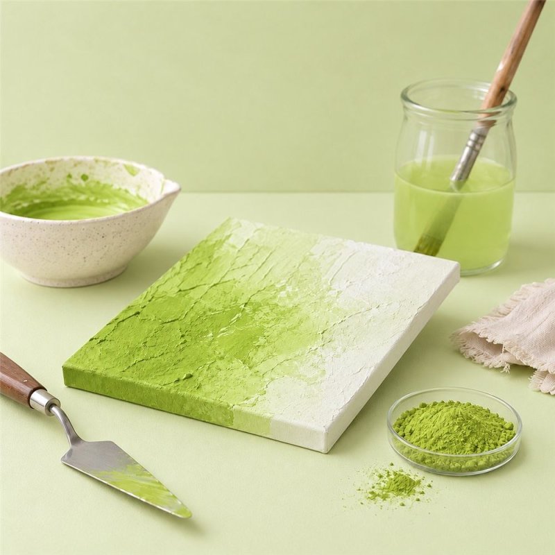 Pigmento verde pistache: pintura com textura, espátula e taça de pigmento