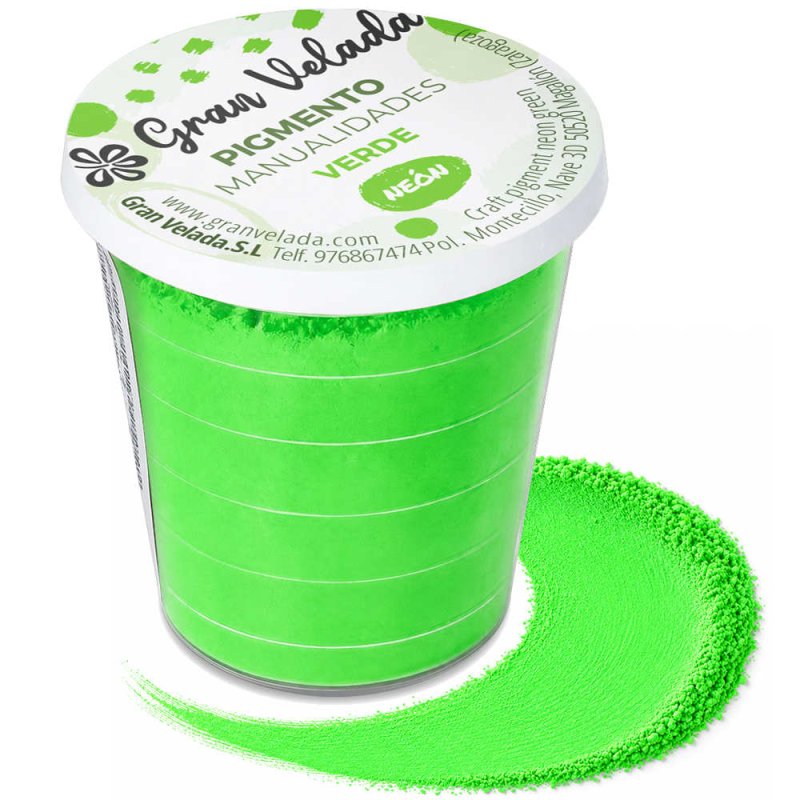 Pigmento verde neon: envase y muestra de polvo sobre fondo blanco