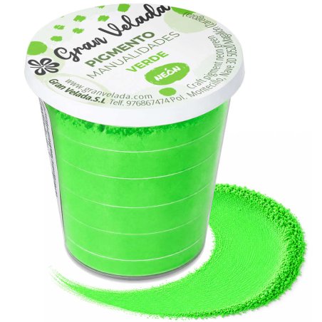 Pigment vert néon: pot et échantillon de poudre sur fond blanc