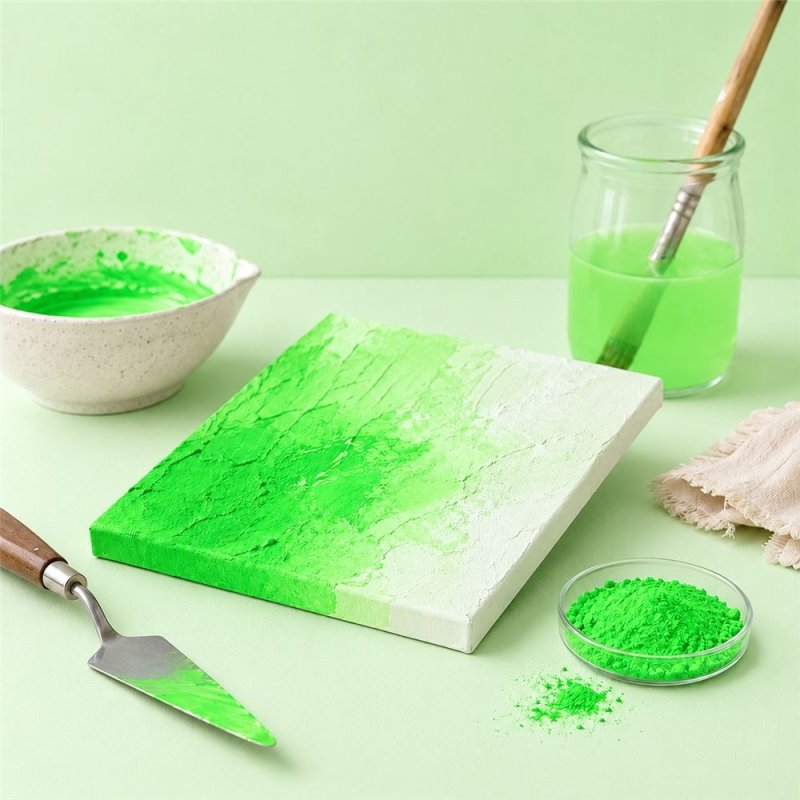 Pigment vert néon: peinture texturée, spatule et bol de pigment