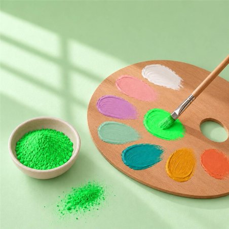 Pigment vert néon: bol de poudre près d’une palette de peinture et d’un pinceau