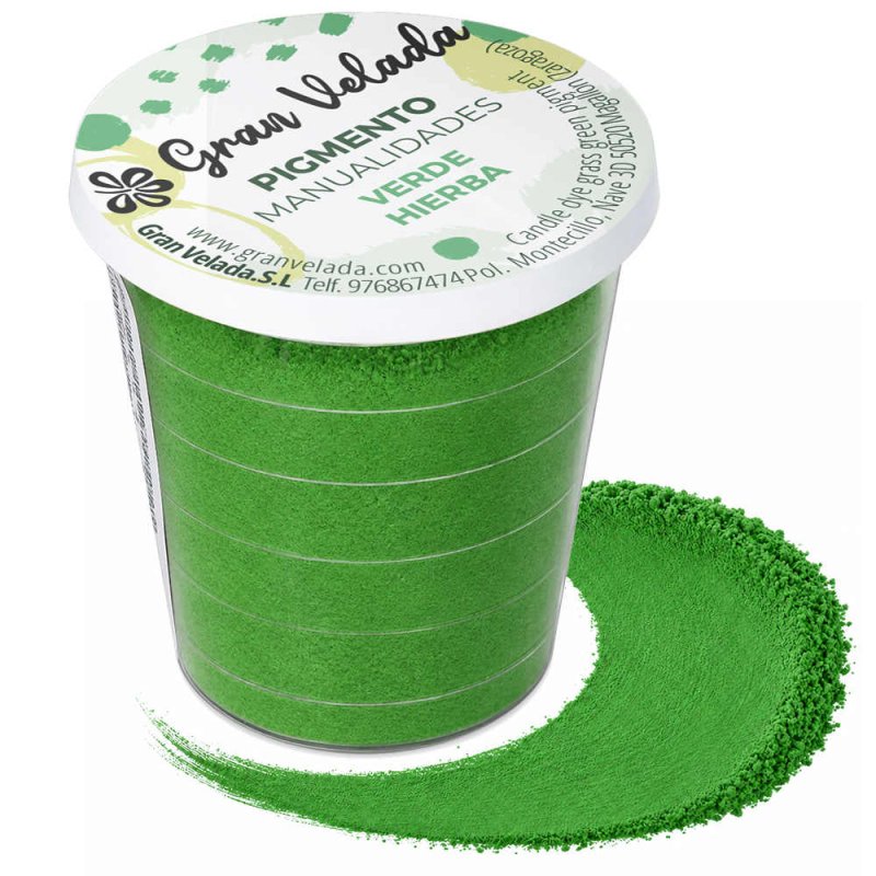 Pigmento verde hierba: envase y muestra de polvo sobre fondo blanco