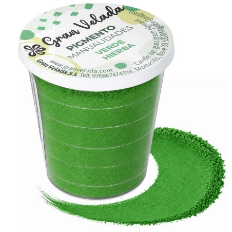 Pigmento verde hierba: envase y muestra de polvo sobre fondo blanco