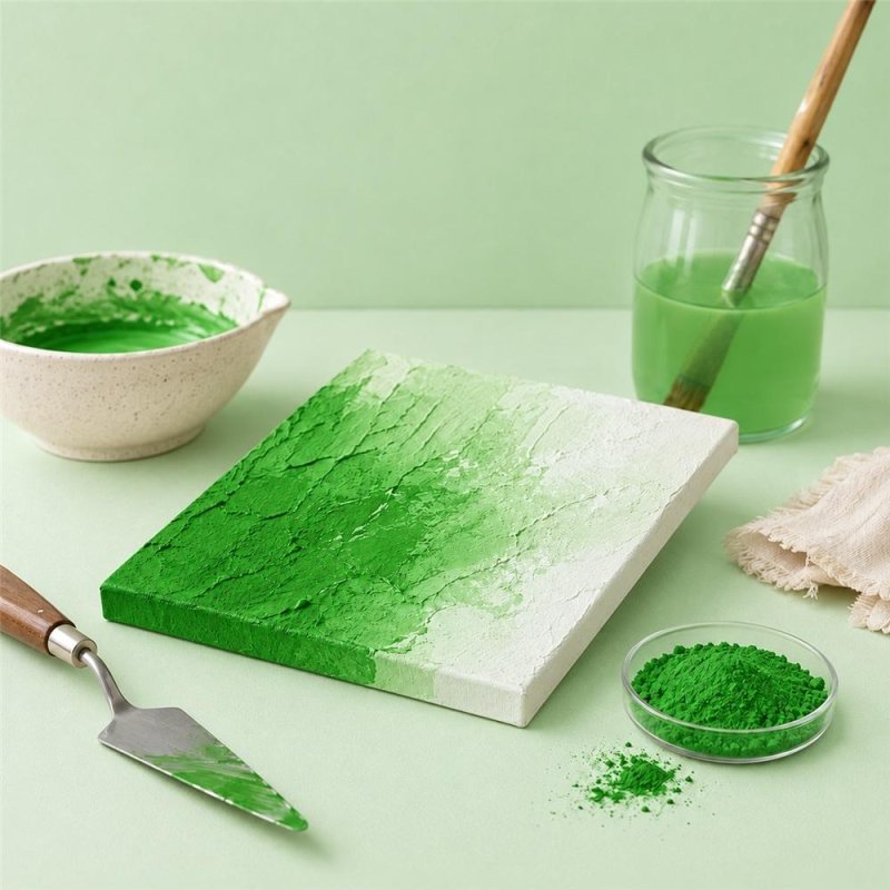 Pigmento verde hierba: pintura con textura, espátula y cuenco de pigmento