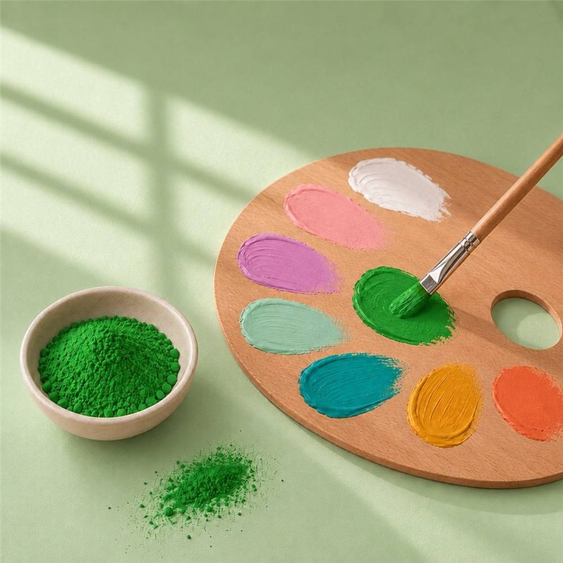 Pigmento verde hierba: cuenco de polvo junto a paleta de pintura y pincel