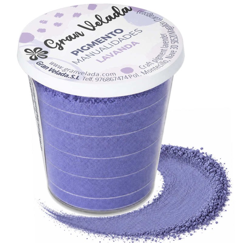 Pigmento cor lavanda: embalagem e amostra de pó sobre fundo branco
