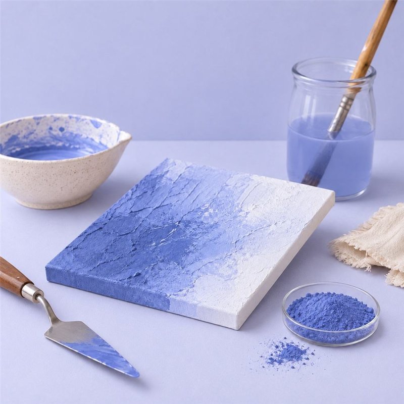 Pigmento lavanda: pintura con textura, espátula y cuenco de pigmento