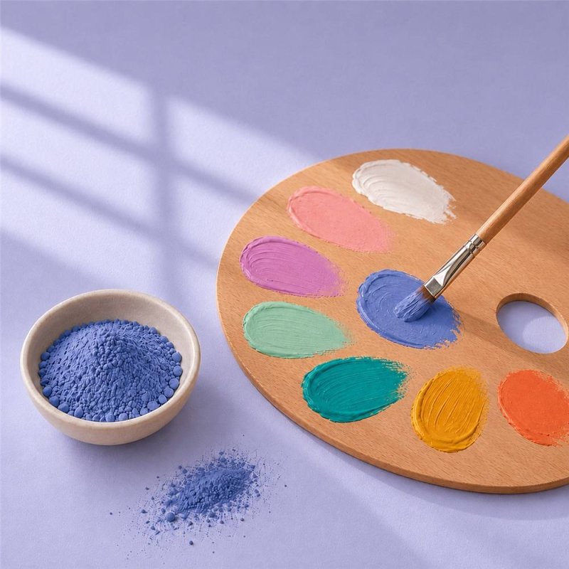 Pigmento lavanda: cuenco de polvo junto a paleta de pintura y pincel