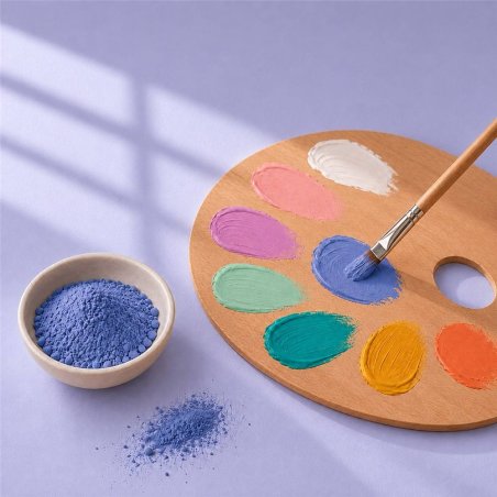Pigmento lavanda: cuenco de polvo junto a paleta de pintura y pincel