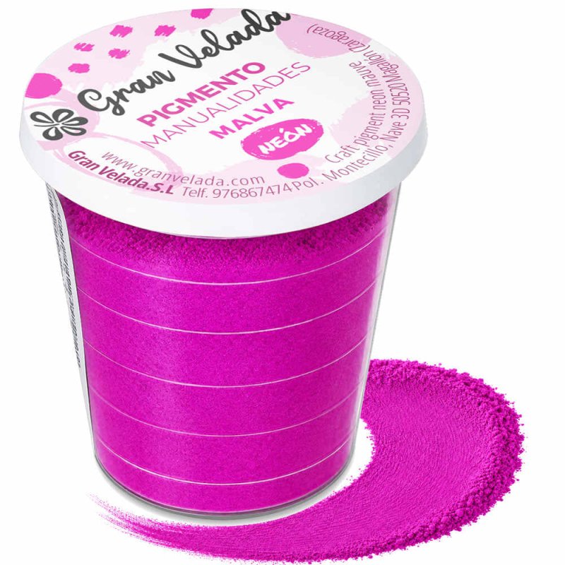 Pigment mauve néon: pot et échantillon de poudre sur fond blanc